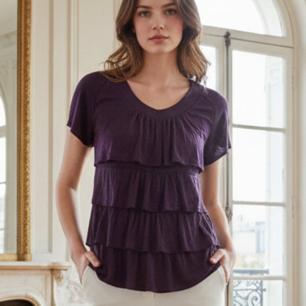 New York & Co. Aubergine Tiered Ruffled Top: Chic & Elegant - Size Medium